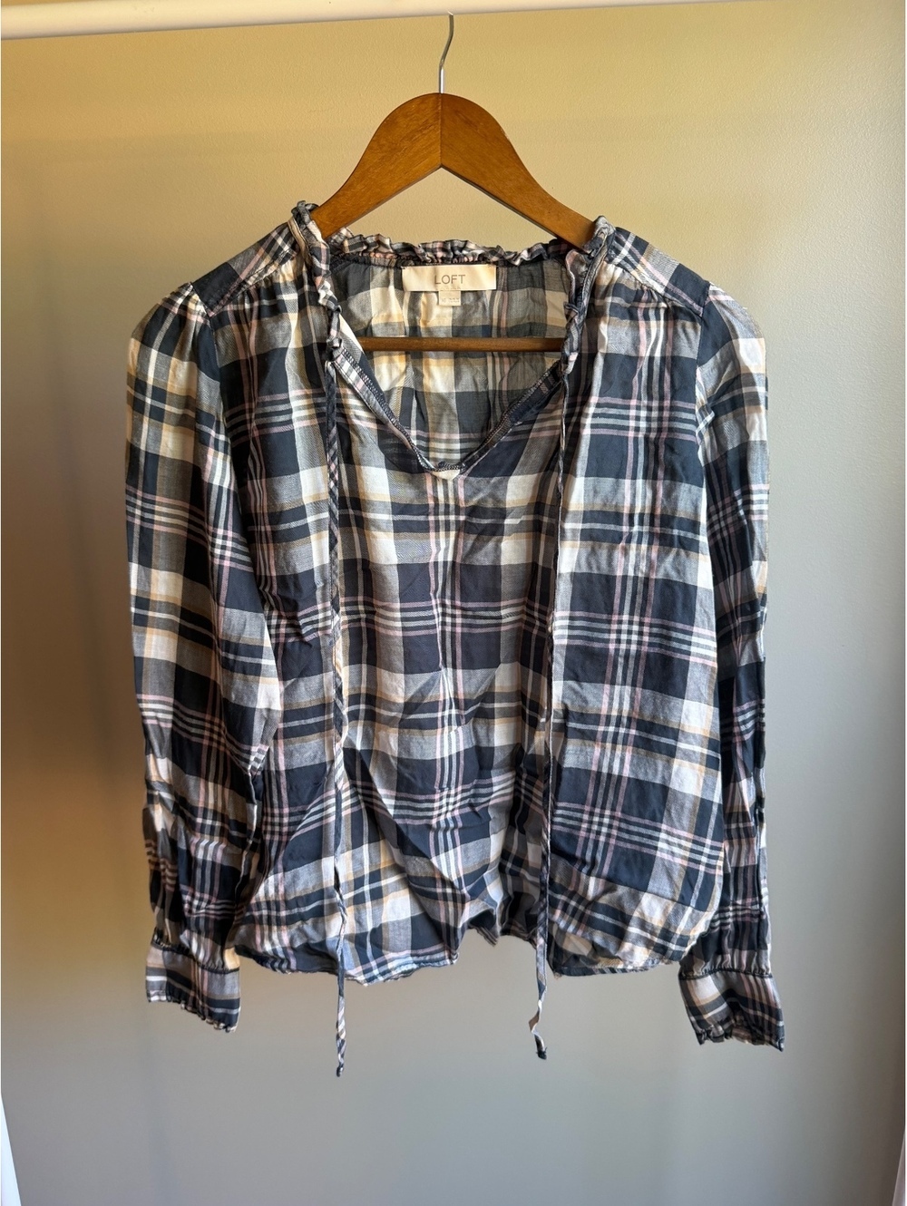 Loft 100% lyocell long sleeve plaid v-neck shirt